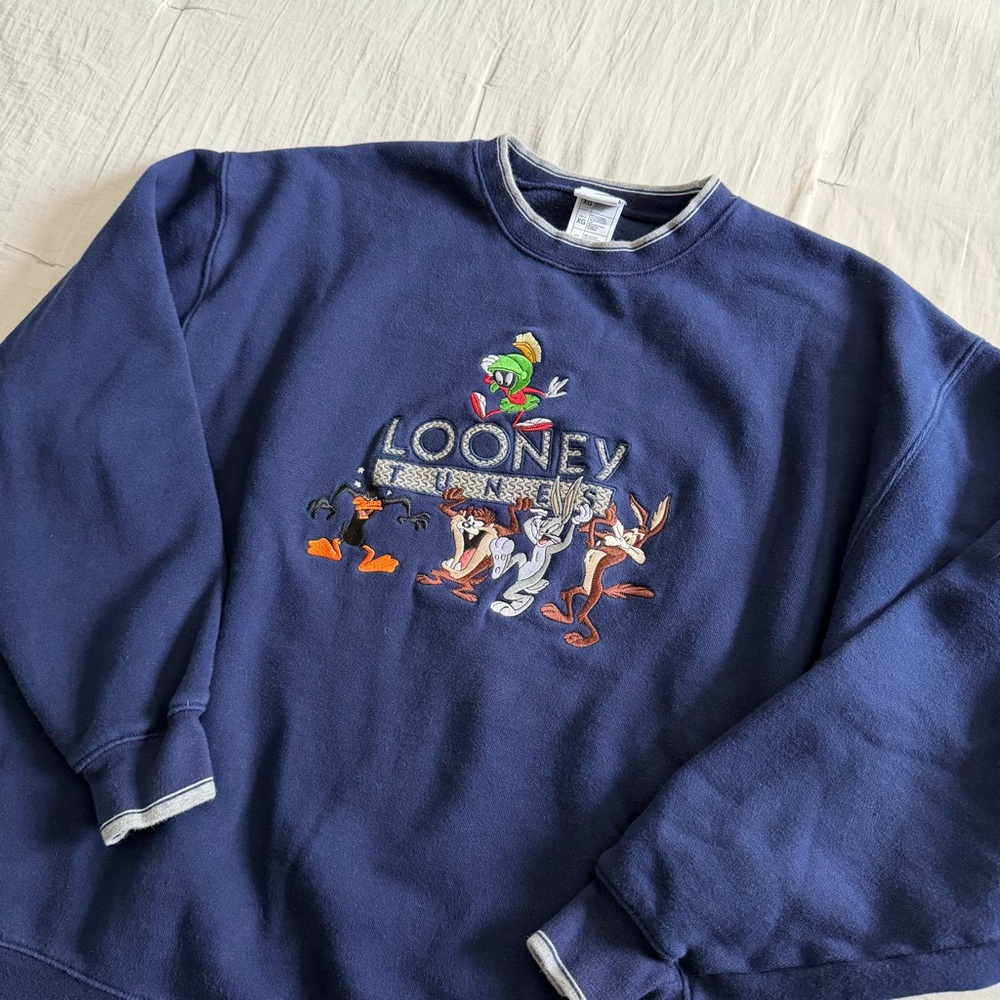 Vintage‎ Warner Bros Looney Tunes Embroidered Navy Blue Sweater Men’s XL 90s